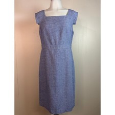 Ann Taylor Sheath Dress 4 Blue Linen Blend Cap Sleeve Square Neck Women