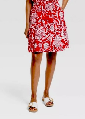 Knox Rose Skirt XL New Red and White Tropical Floral Rayon Drawstring Waist NWT