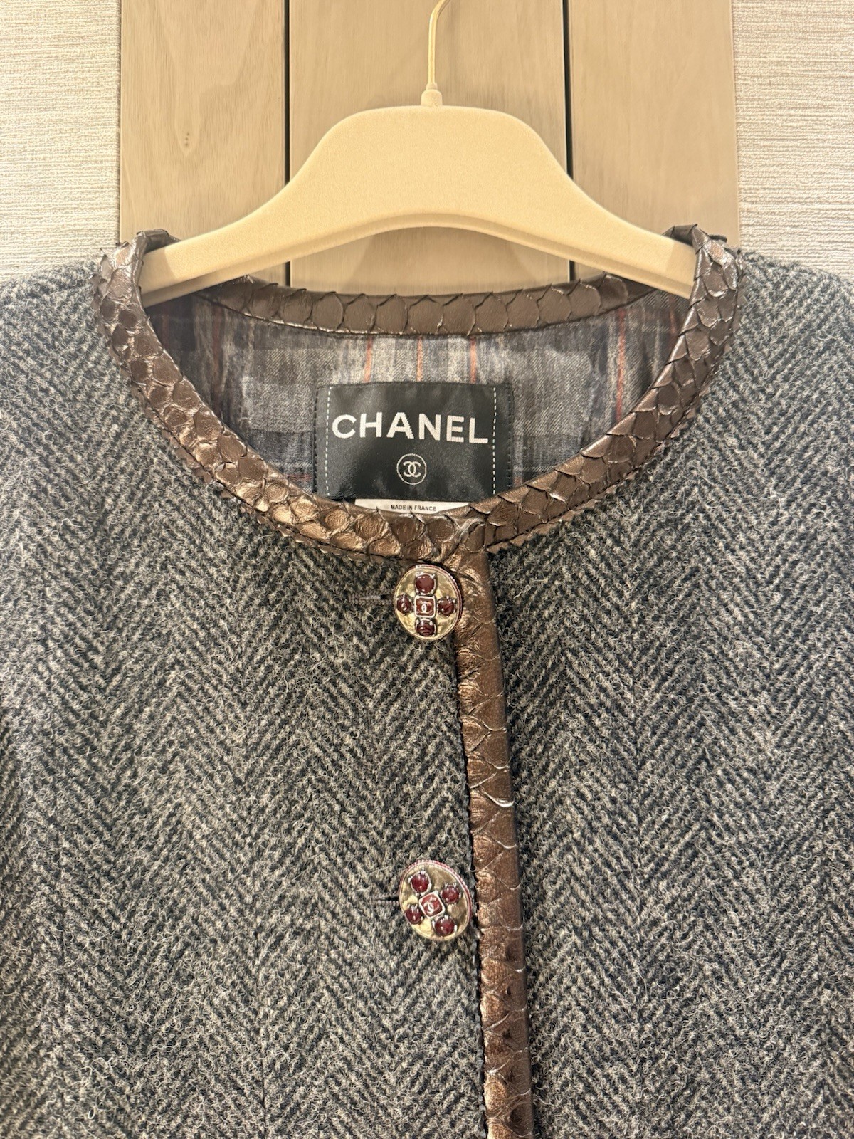 Chanel PYTHON TRIM HERRINGBONE JACKET Brown Green… - image 10