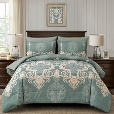 7 Pieces Sage Green Comforter Set King Size, Damask Bed in a Bag for King Bed, L