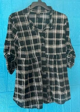 STYLE & CO BLACK WHITE PLAID BUTTON UP BLOUSE SIZE PL