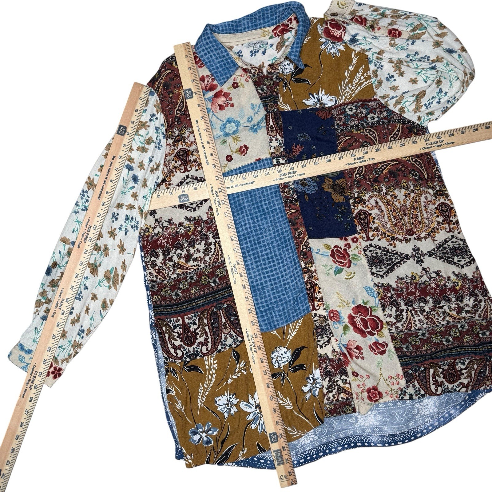 JOHN MARK XL Patchwork Floral Boho Button Up Shir… - image 4