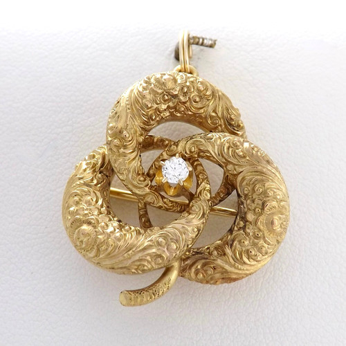 Victorian Solid 14k Gold Natural Diamond Shamrock Knot Brooch Pin Pendant