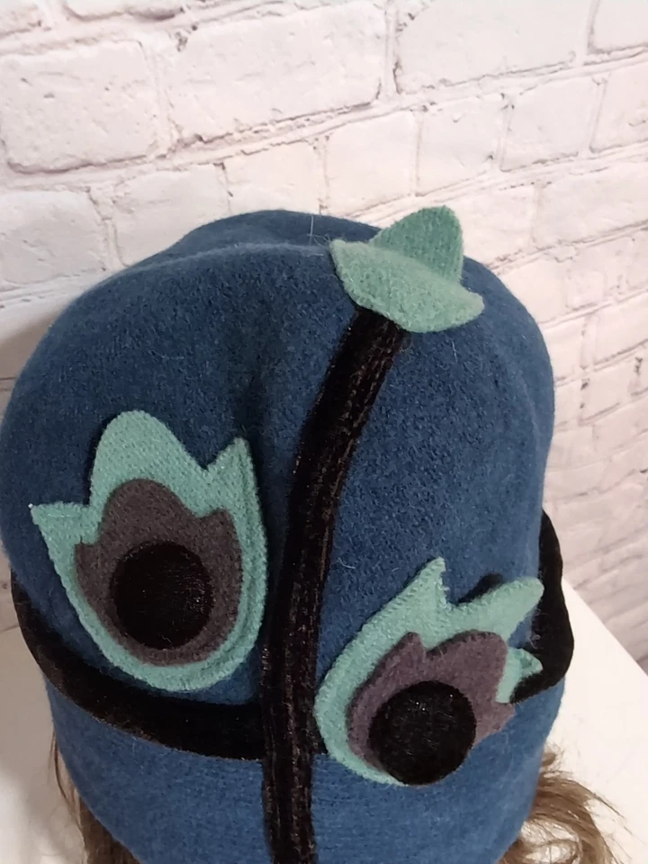 Mujer Asiático Ojo 100% Lana Azul Sombrero Fieltro Lana Terciopelo Borde Floral Apliques Arte Foto 4 de 4