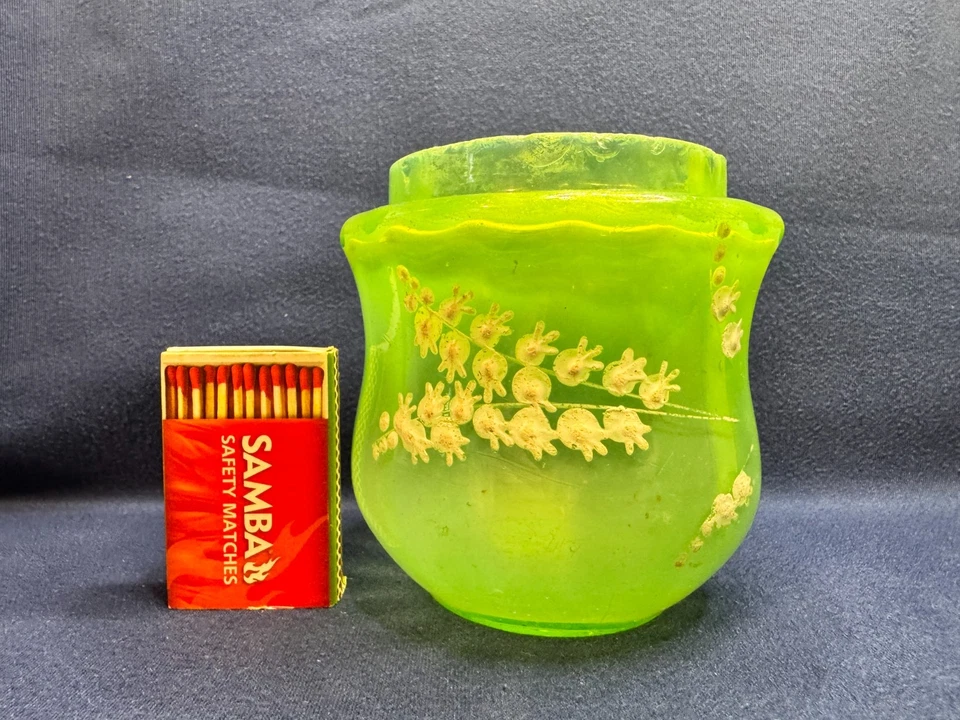 Uranium Glass Hand Painted Vase Spooner Green Opalescent Glow Antique Victorian - image 3 of 4