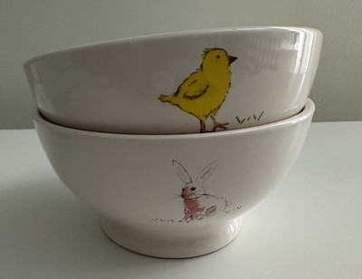 Rae Dunn Magenta  Easter   CHIRP HOP Yellow Pink Bunny/Chick BOWLS SET OF 2