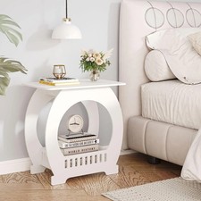 White End Table with Storage Shelf Basket Narrow Bedside Table Slim Coffee Table