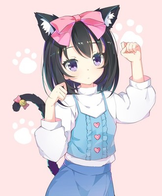 Animal Ears Girls Tail Nekomimi Purple Eyes Black Anime Poster 11x17in Wall Art