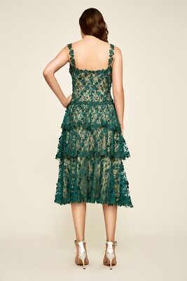 TADASHI SHOJI Pine Green Nude 3D Floral Applique Tiered Cocktail Midi Dress  2 XS | eBay