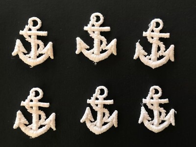 6 Vintage Aufnäher bestickt Patches Anker Motiv Maritim Nähen Borte weiß