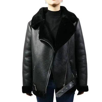 Women Sheepskin Fur Leather Jacket - Handmade Genuine B3 Bomber Aviator Shearlin