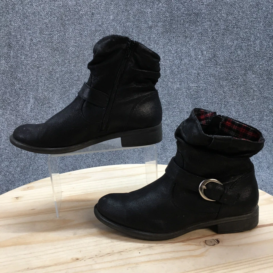 Yuu Botas Mujer 7.5 M Botín de Montar Cuero Negro Punta Redonda Cremallera Cubana Foto 2 de 4