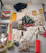 53 PIECE SEWING NOTION LOT BUTTONS THREAD PATCHES LACE AND MORE