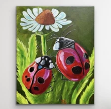 "Fly Away Home" Lady Bugs & Flowers Painting 16 X 20” Not A Print