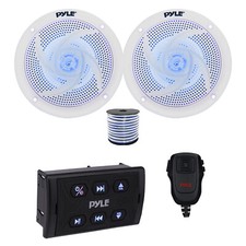Pyle Marine Bluetooth Controller w/Mic, 2x 5.25" Blue LED White Speakers w/Wire