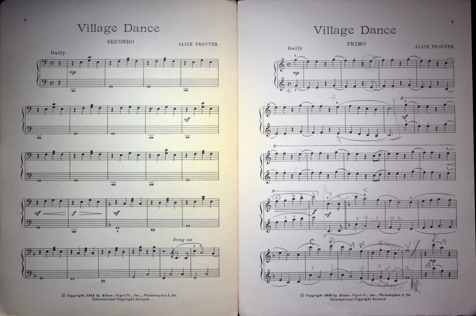 VILLAGE DANCE BY ALICE PROCTER PIANOFORTE 4 MANI 1955 - FOGLIO MUSICALE foto 2