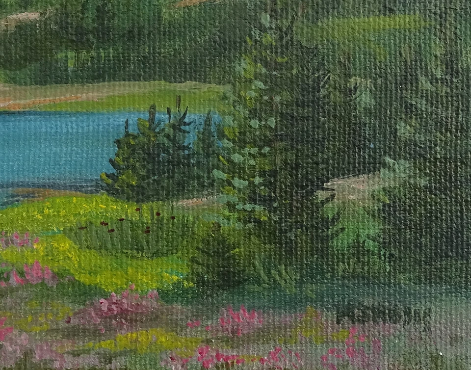 Vintage Miniature Signed Oil Painting Western Landscape O/C Mountains Lake Trees - Image 4 of 4