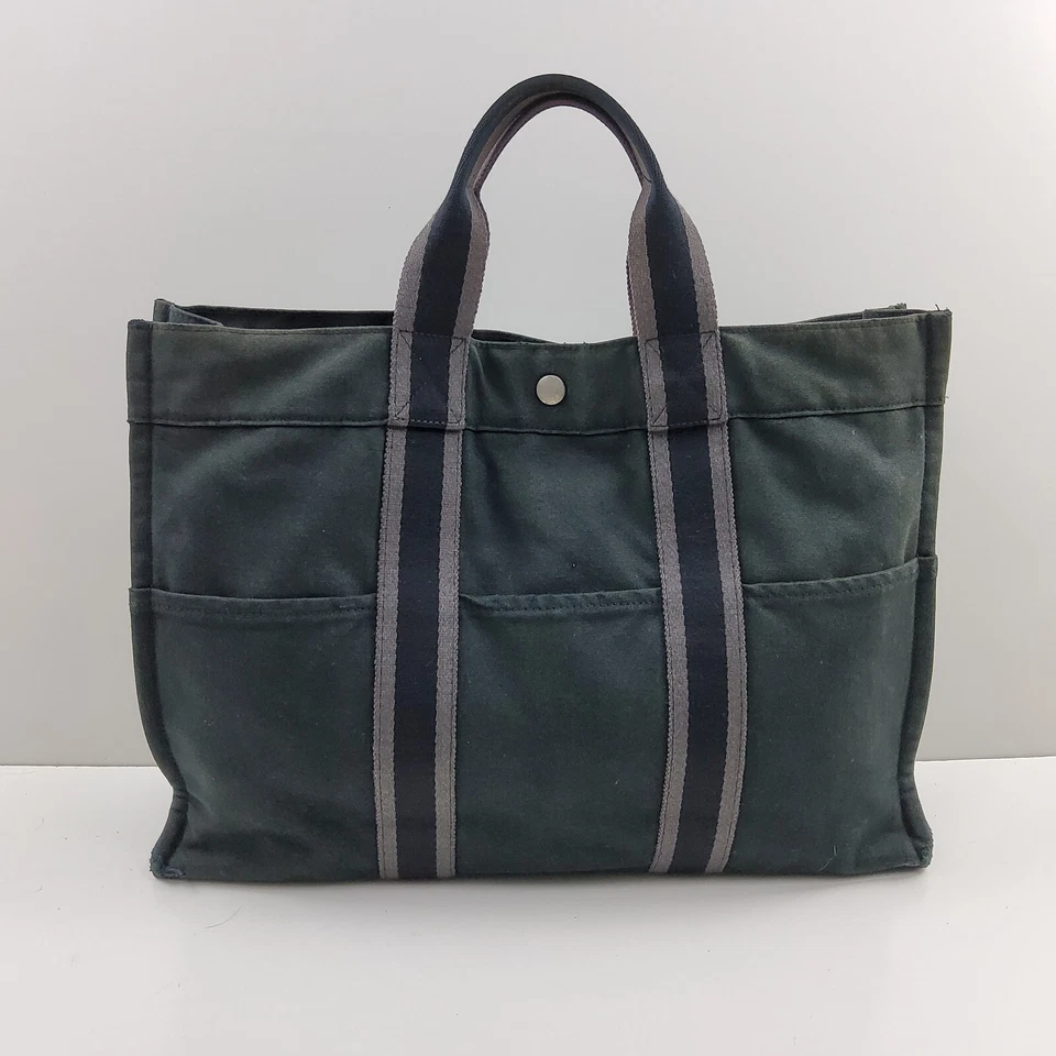 Hermes Fourre Tout Canvas Tote Bag Handbag Satchel Black Grey - Image 3 of 4