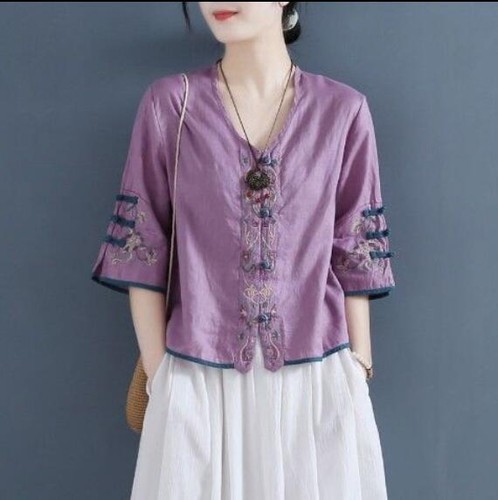 Damen Shirt Leinen Chinesischer Stil Rundhals Cardigan Bluse Stickerei Retro - Bild 10 von 21