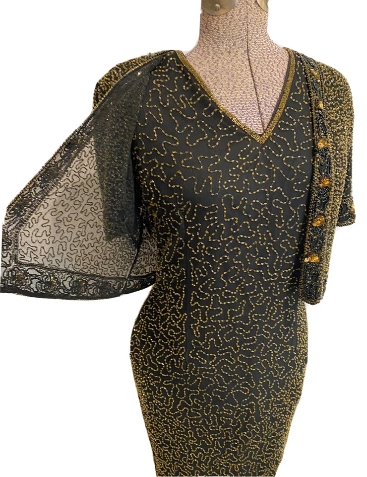 Vintage Papell Boutique Evening Silk Beaded Gown 10 Short Sleeve Long Dress - Image 4 of 4