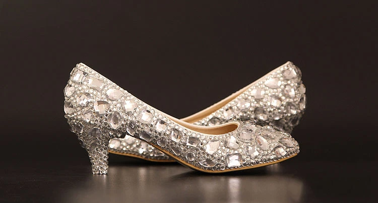 Bling high heel crystal wedding shoes rhinestone low heel flat