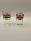 2 Hocking Flat Ring Ding Glass Clear and Multi Colored Bands 4 oz Tumblers