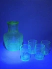 Vintage Green Uranium Ribbed Depression Glass Water Carafe And Glasses Set