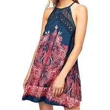 Free People Shea Paisley Sleeveless Printed Dress Navy Blue Red Size S