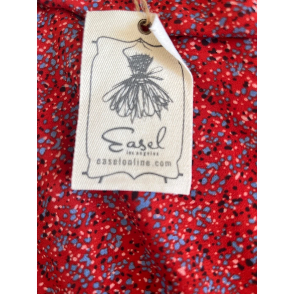 Blusa cavalete vermelha azul estampa floral babado em camadas manga longa chiffon G - Imagem 2 de 3