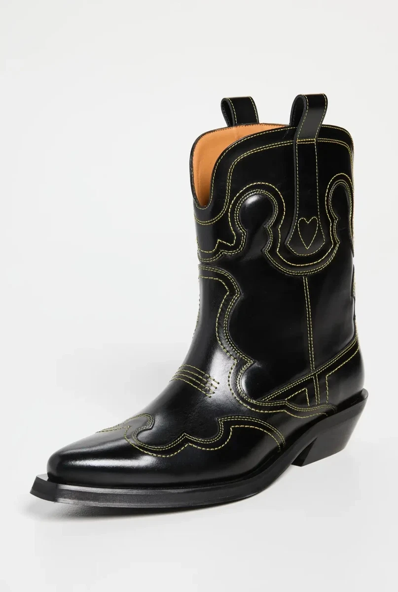Ganni Low Shaft Embroidered Western Boots Black Yellow Origin 595