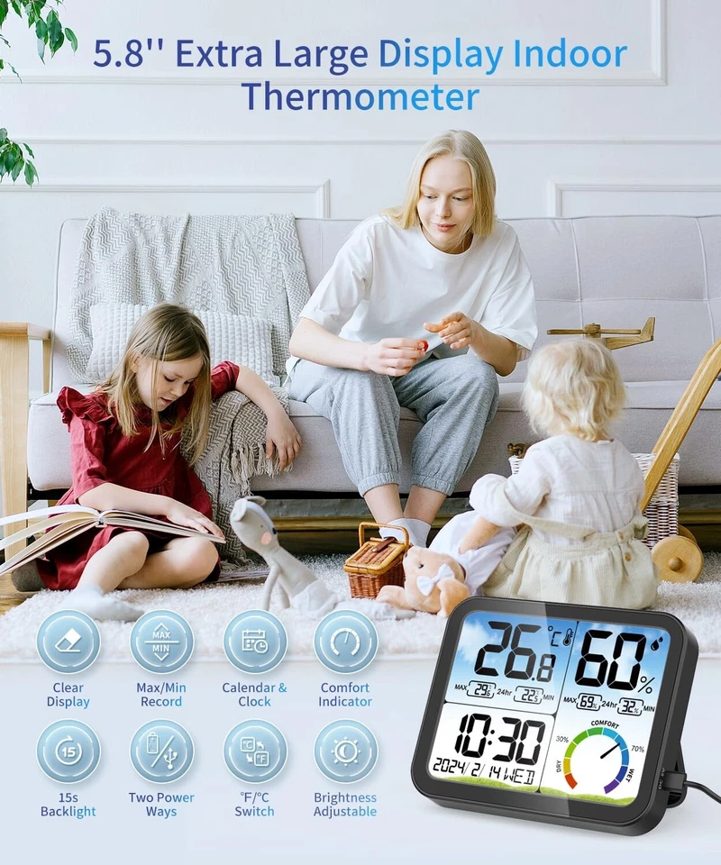 Vocoo Large Digital Temperature & Humidity Monitor Indoor Room Thermometer. 5.8" - Image 2 of 4