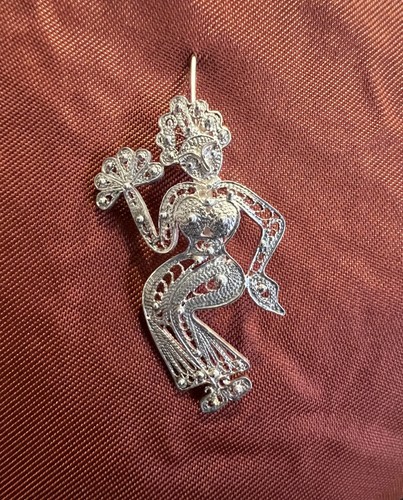 Vtg Sterling Silver Filigree Dancer Brooch Siam? Signed