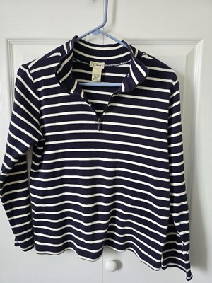 L.L. Bean Sweater 100% Cotton Navy Ivory WhiteStriped Mock 1/4 Zip Womens Size M