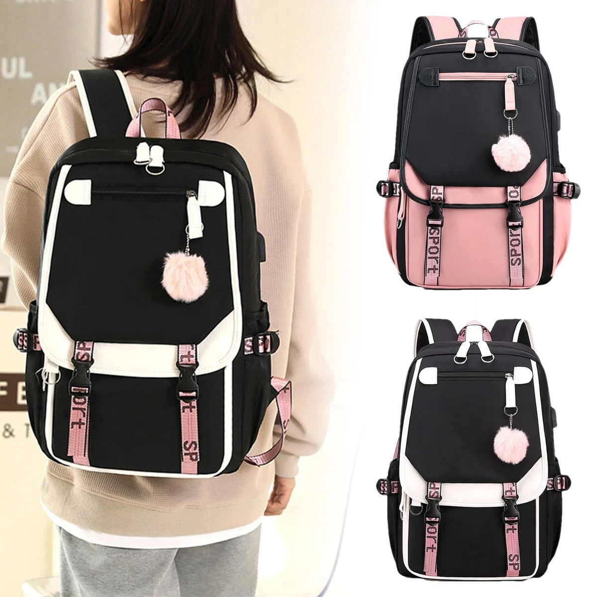 Anti-theft Girls USB Charging Backpack Travel School Bag