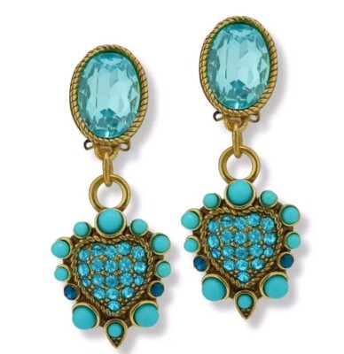Heidi Daus ''Santa Fe Heart'' Turquoise Aqua Crystal Drop Earrings-Clip-On-NWT
