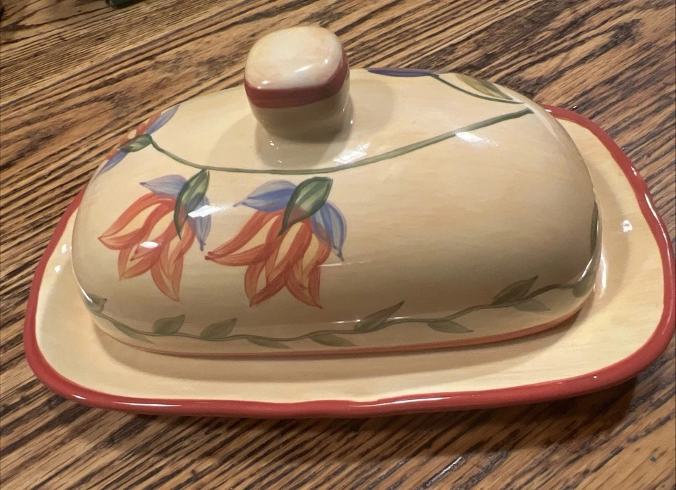 RARO Pfaltzgraff NAPOLI Pintado a Mano 2 Piezas PLATO DE MANTEQUILLA CUBIERTO ¡HERMOSO! Foto 2 de 4