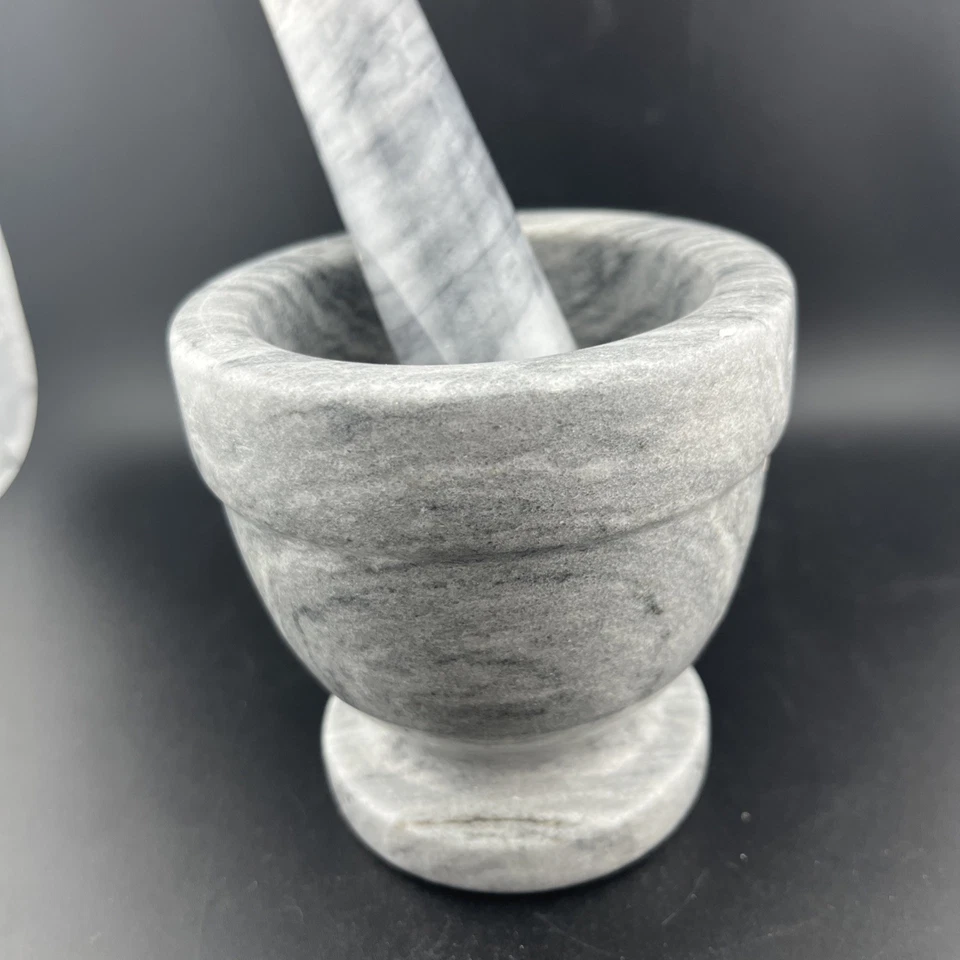 White Light Grey Marble Stone Mortar and Pestle 4”T 4”W Vintage - Image 3 of 4