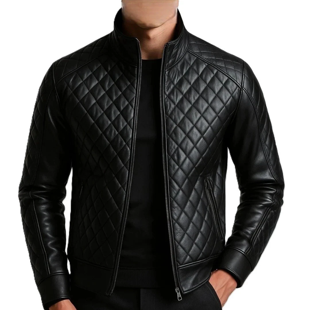 Men's Real Lambskin Black Leather Jacket Quilted Stylish Biker Coat Jacket