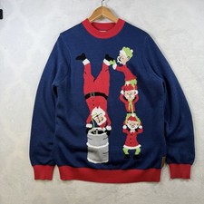Tipsy Elves Sweater Mens L Blue Santa Keg Stand Elves Acyrlic Ugly Christmas