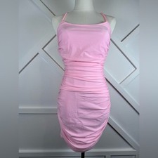 NWOT Lulus Confident Allure Light Pink Ruched Lace-Up Bodycon Mini Dress Small