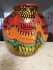 Murano Art Hand Blown Glass Pulled Feather Vase Red Yellow Black 13 “ X 6 “