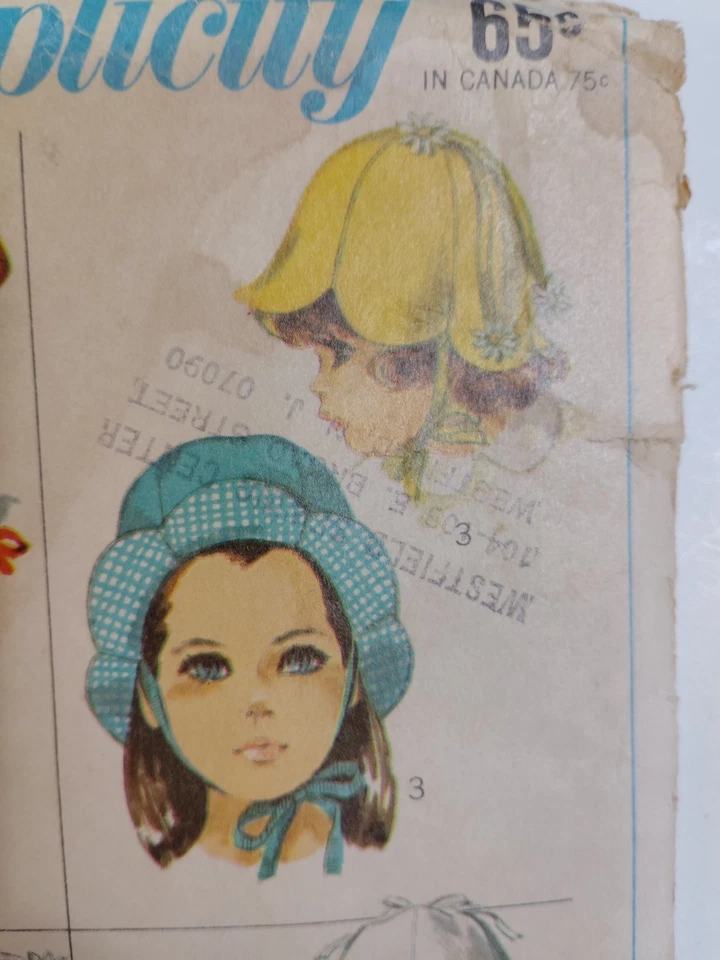 Simplicity 7977 Hats Helmet Sun Bonnet Beret Sewing Pattern Childs 21" VTG 60s - Image 4 of 4