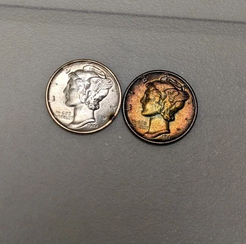 1941 & 1944 Silver Mercury Dime lot Colorful Rainbow Toning MONSTER GEM BU++ UNC