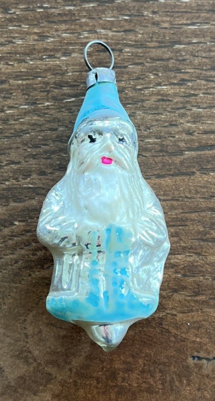 Vintage Glass SANTA Blue Mica Hat/Muffs Silver Coat Christmas Ornament Germany