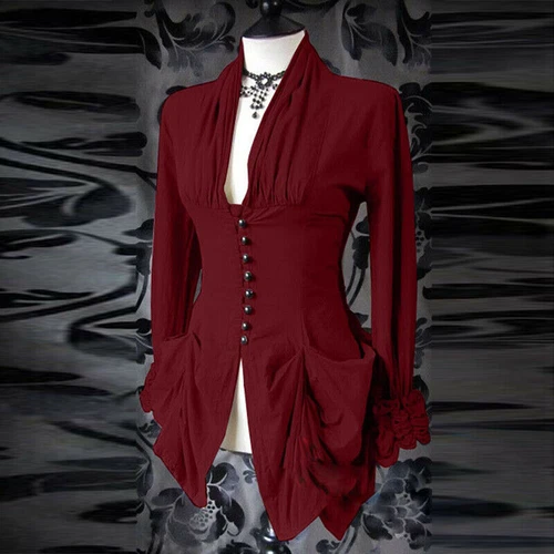 Women's Long Sleeve Victorian Top Ruffle Blouse Shirt Steampunk Gothic - Picture 11 of 19