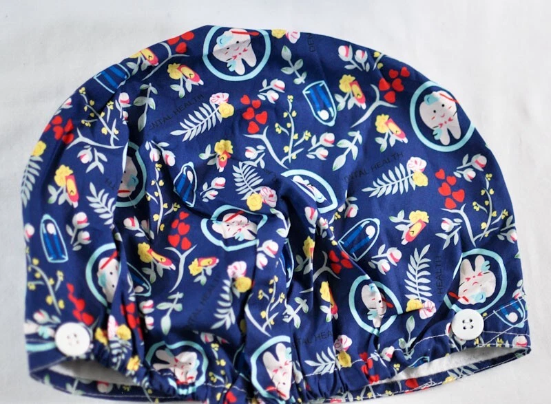 women's lot of 3 bright dentist office caps one size buttons for masks elastic - Image 2 of 4