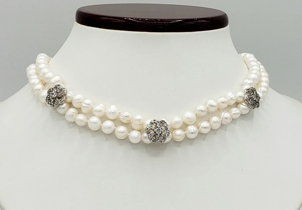 Gargantilla de doble capa de perlas reales blancas de agua dulce de plata de ley