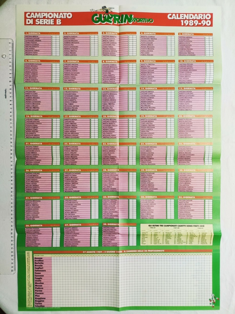 POSTER CAMPIONATO TABELLONE CALENDARIO SERIE B 1989-1990 GUERIN