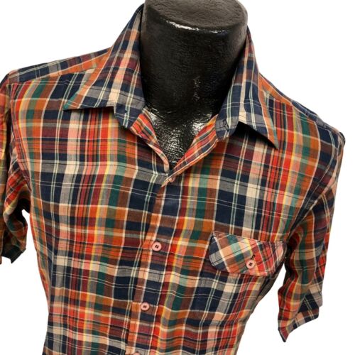 Vtg 50 60's Arrow ULTRA THIN Blue Red Plaid Check MoD Rockabilly SURFER Shirt M - Picture 2 of 7