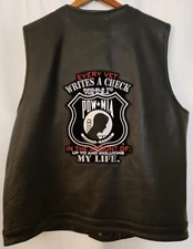 Mens Vet Motorcycle Vest Thick Leather Collarless Military POW/MIA Gunpocket 3XL